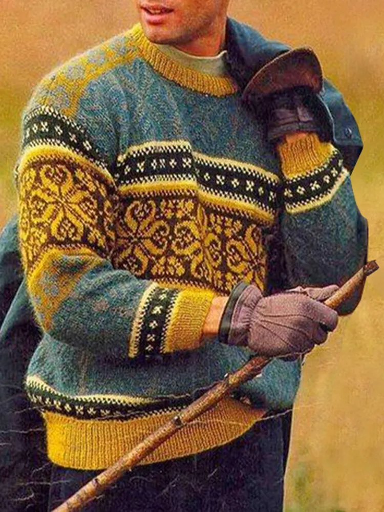 Retro Ethnic Contrasting ColorsPrint Knitted Jacquard Sweater
