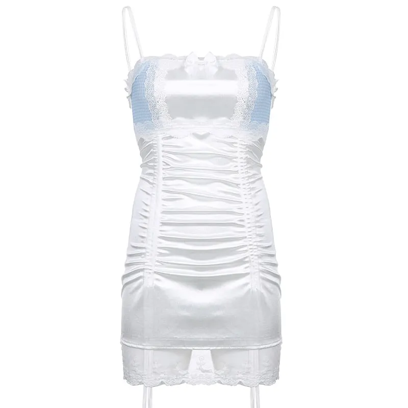 Rapcopter Y2K Lace Frill Mini Dress Bow Cute Sweet Strap Dress Women Vintage Drawstring Backless Party Short Sundress Aesthetic