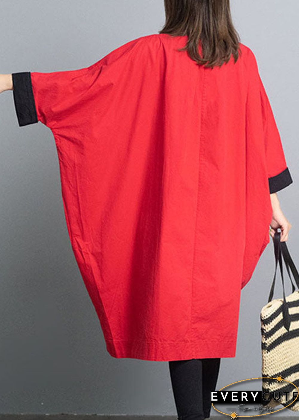 Fitted Red Loose Bat wing Sleeve Turtleneck Fall trench coats