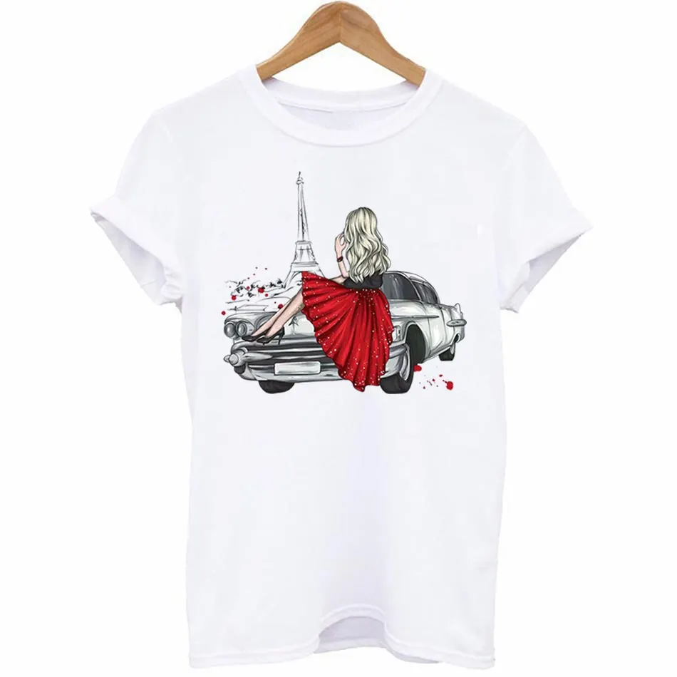 Pretty Girl&Car Iron On Transfer For T-shirt DIY Washable Thermal Sticker Fashion Design Patches On Clothes Appliqued Decoration
