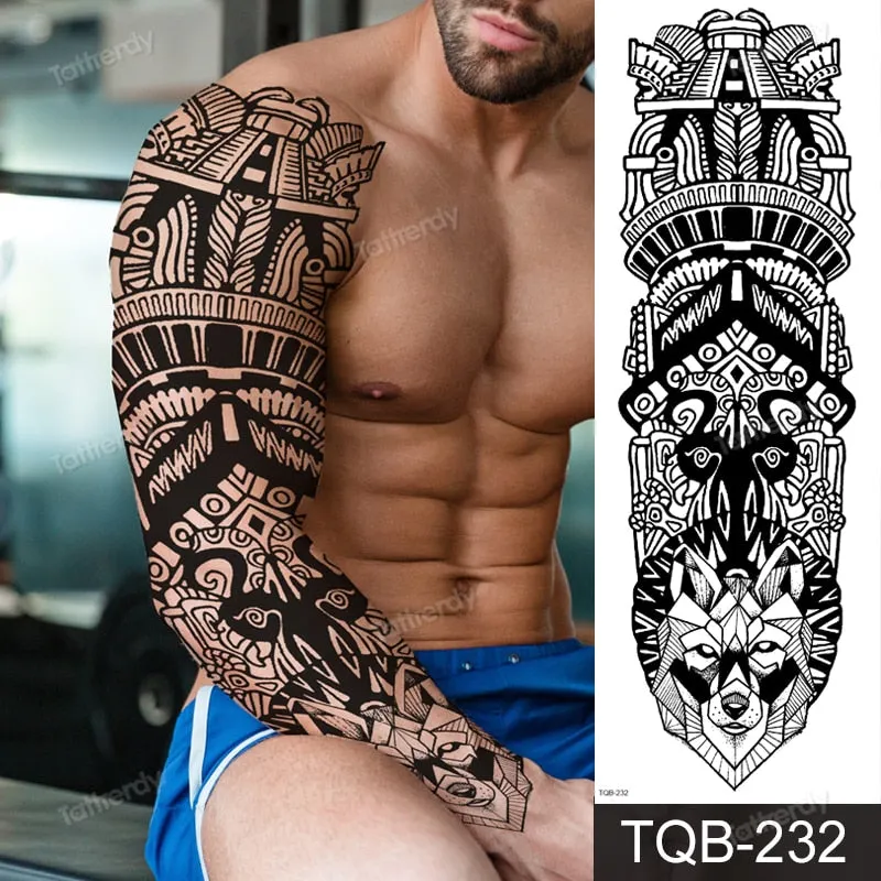 skull sleeve tattoo designs large full arm temporary tattoos for men boy tatoo fake waterproof tiger totem lion dragon pattern