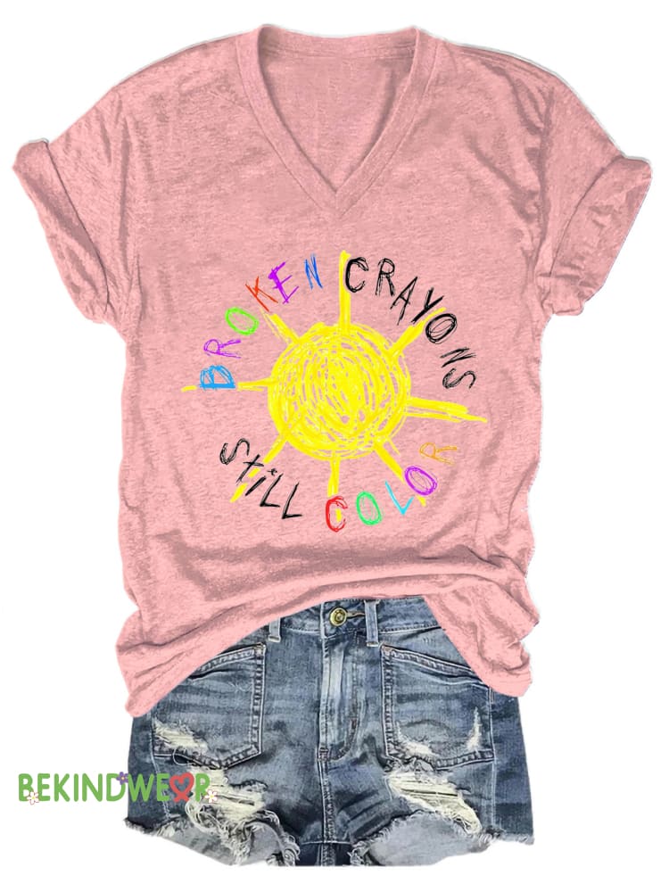 Broken Crayons Still Color Sun Print Casual V-Neck Short Sleeve T-Shirt Pink / S