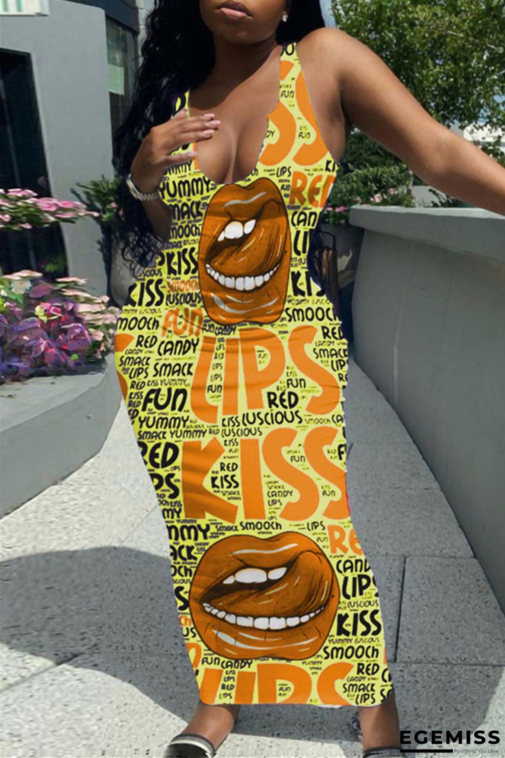 Yellow Fashion Sexy Print Basic U Neck Vest Dress | EGEMISS
