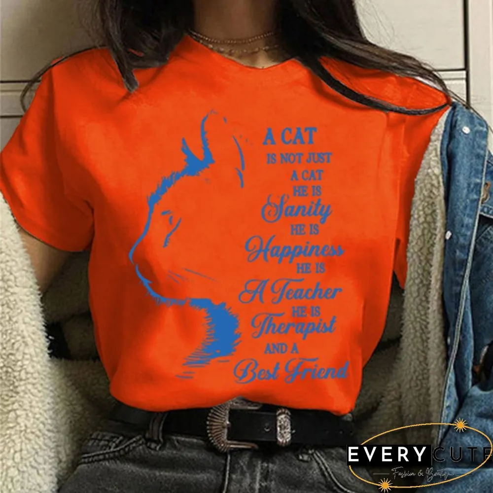 Women and Girls Cat&Letter Print Short Sleeve T-shirt Summer Short Sleeves Womens Solid Color Tees Tops Graphic Cute Cat Shirts Gifts for Cat Lovers