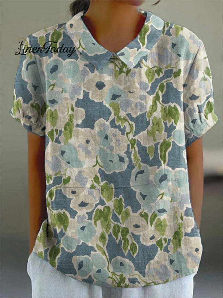 Women&rsquo;s Vintage Floral Art Print Casual Cotton And Linen Shirt Multicolor / S
