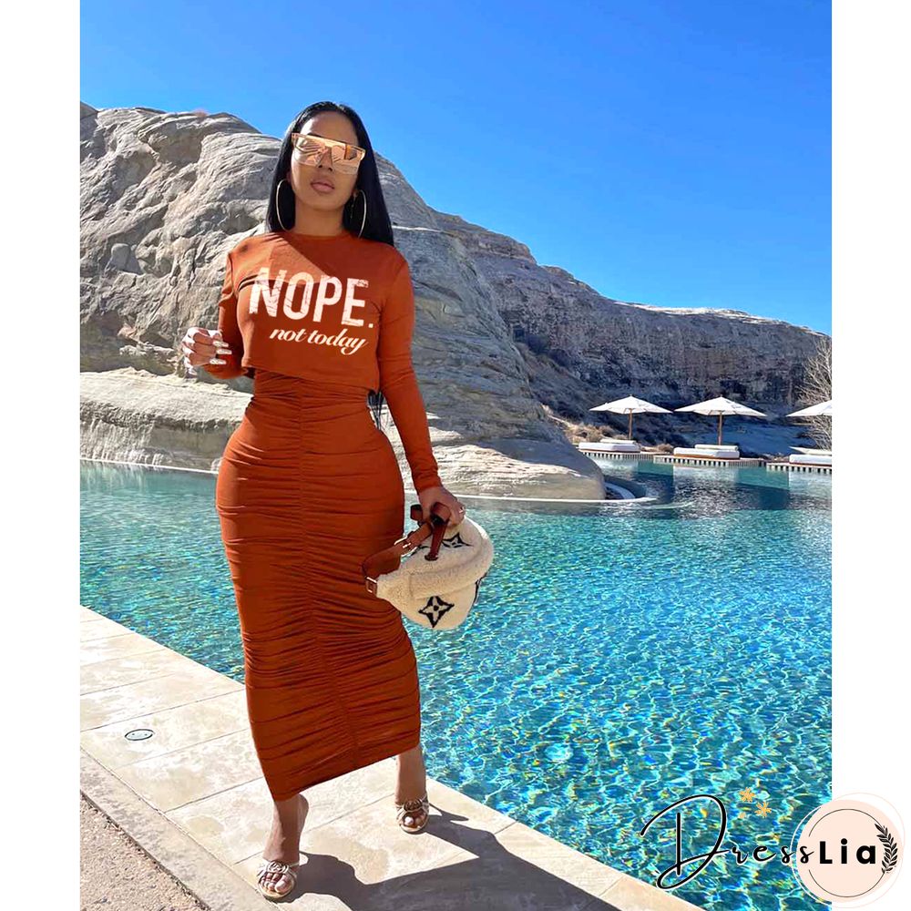 Letter Print Ruched Bodycon Two Piece Dresses Set