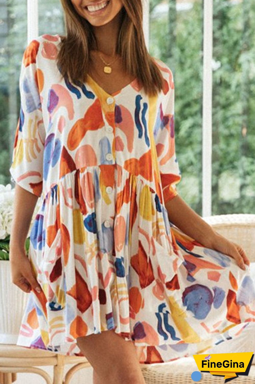 Fashion Street Print Split Joint V Neck Printed Dresses