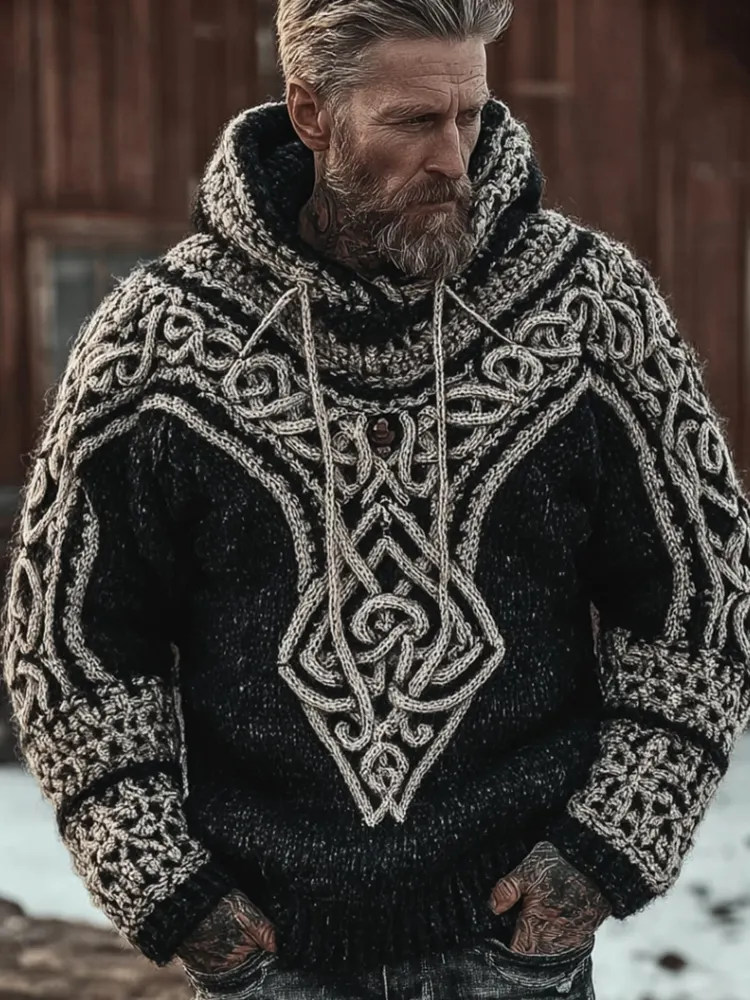 Men's Viking Style Celtic Knot Black And White Hooded Sweater