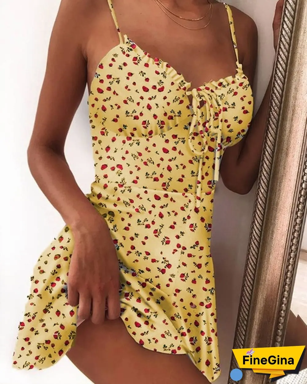 Women Fruit Printed Sweet Sling Dress Ladies Summer Fashion Sleeveless Sexy V Neck Lace Up Dress Party Shopping Daily Wear