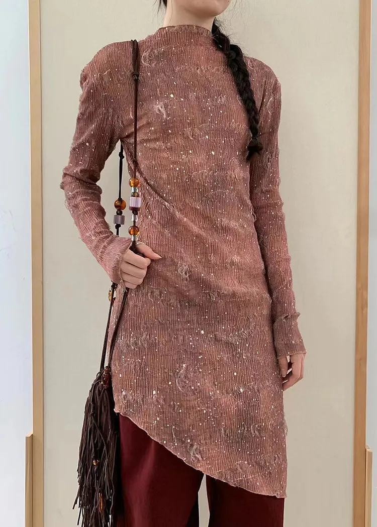 Stylish Pink Asymmetrical Design Slim Fit Wrinkled Dress Fall