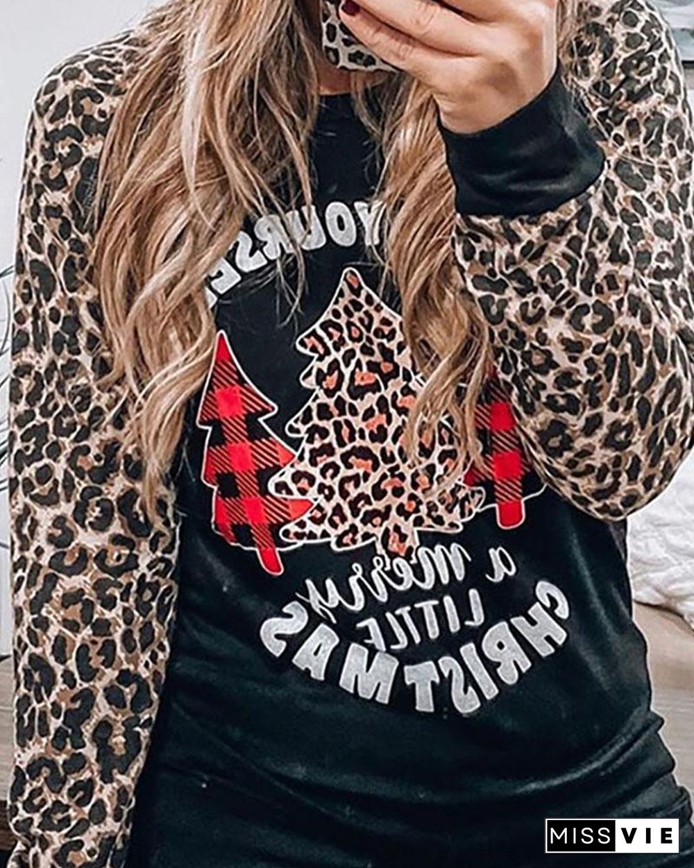 Christmas Leopard Print Long Sleeve Casual Sweatshirt