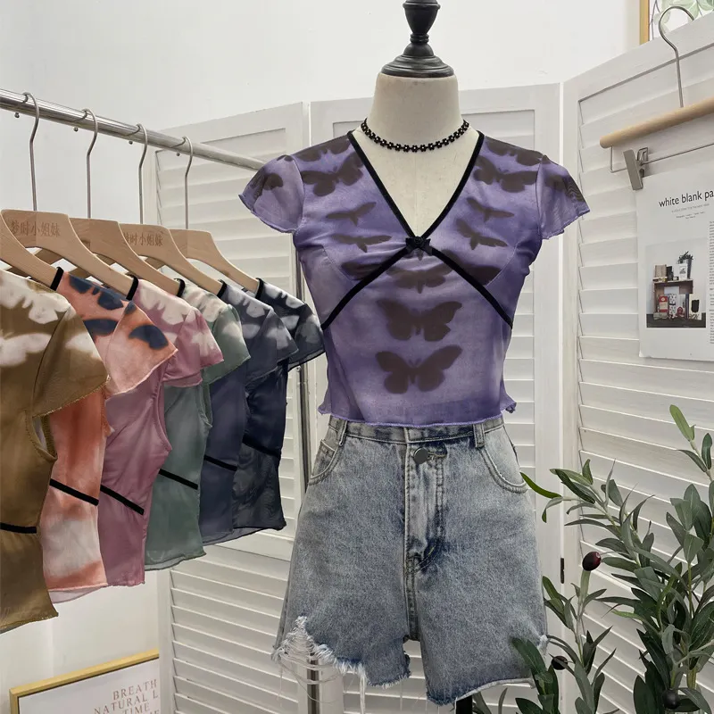 Churchf Sexy Hottie V-Neck Butterfly Print Short-Sleeved T-Shirt Slime Short-Navel Net T-Shirt Girl 9920