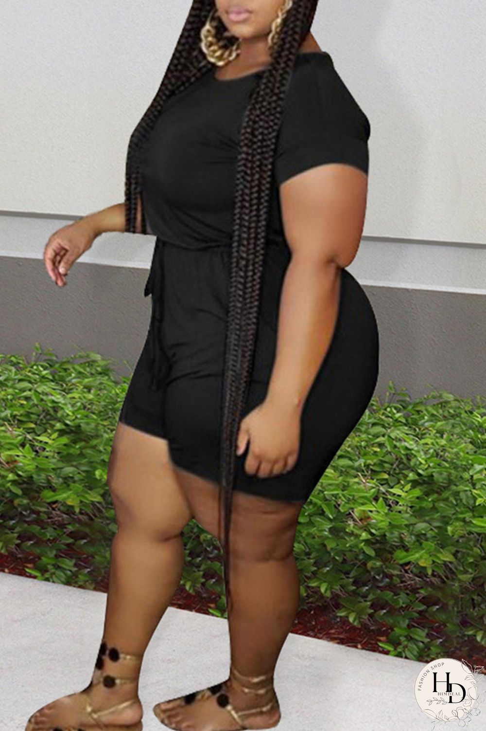 Black Fashion Casual Solid Basic O Neck Plus Size Two Pieces