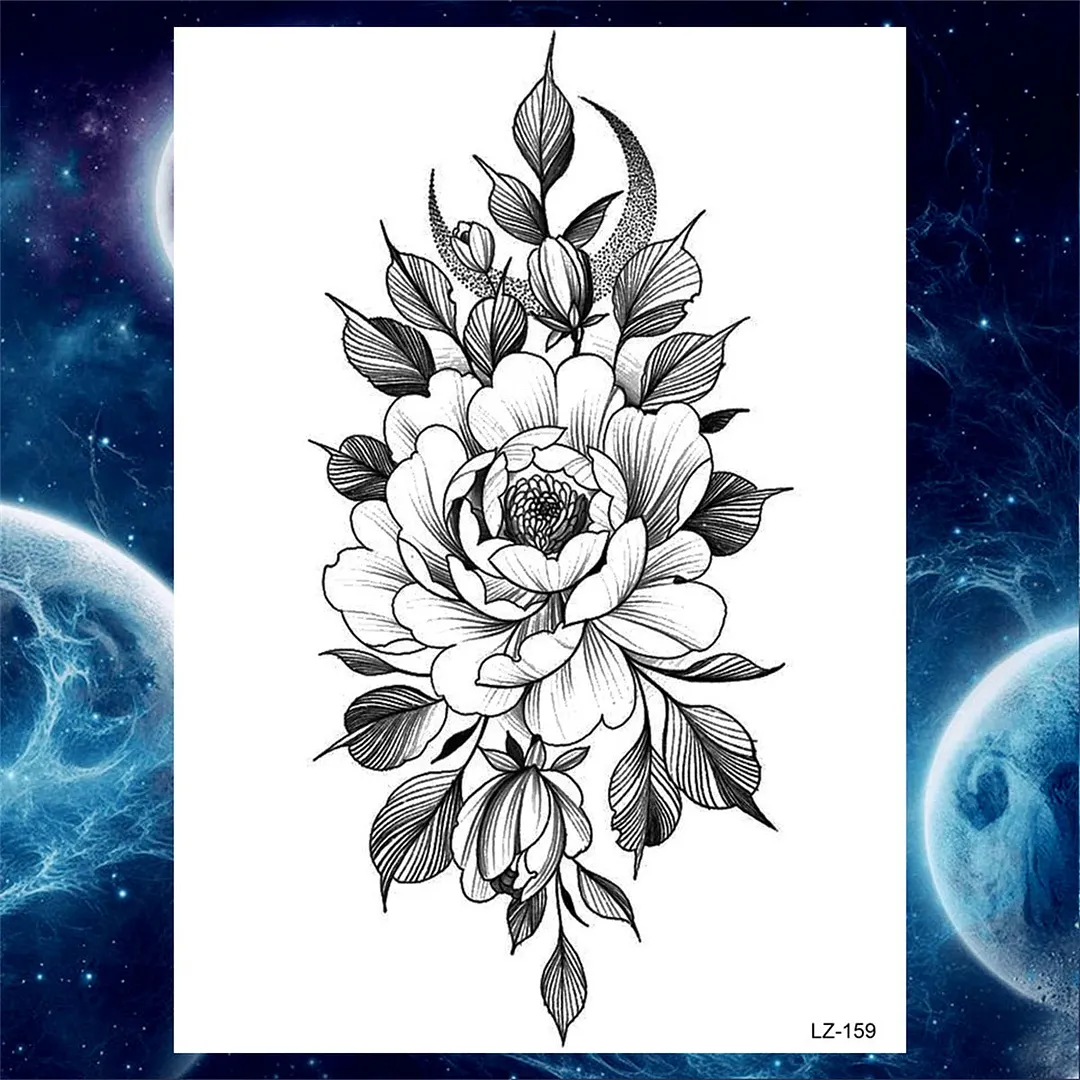 Flower Compass Temporary Tattoo For Women Girls Adult Rose Peony Tattoos Sticker Fake Black Floral Body Art Thigh Tatoos Paper