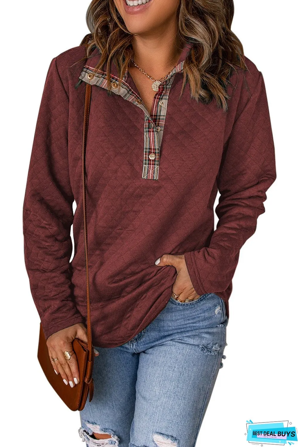 Geometric Texture Plaid Trim Sweatshirt