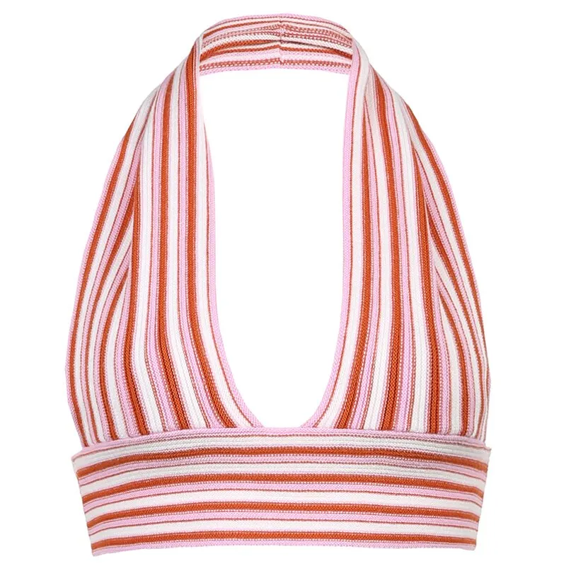 HEYounGIRL Summer Deep V Neck Striped Sexy Halter Neck Tank Top Sleeveless Backless Crop Tops Tees Women Tie Up Beach Party 2021
