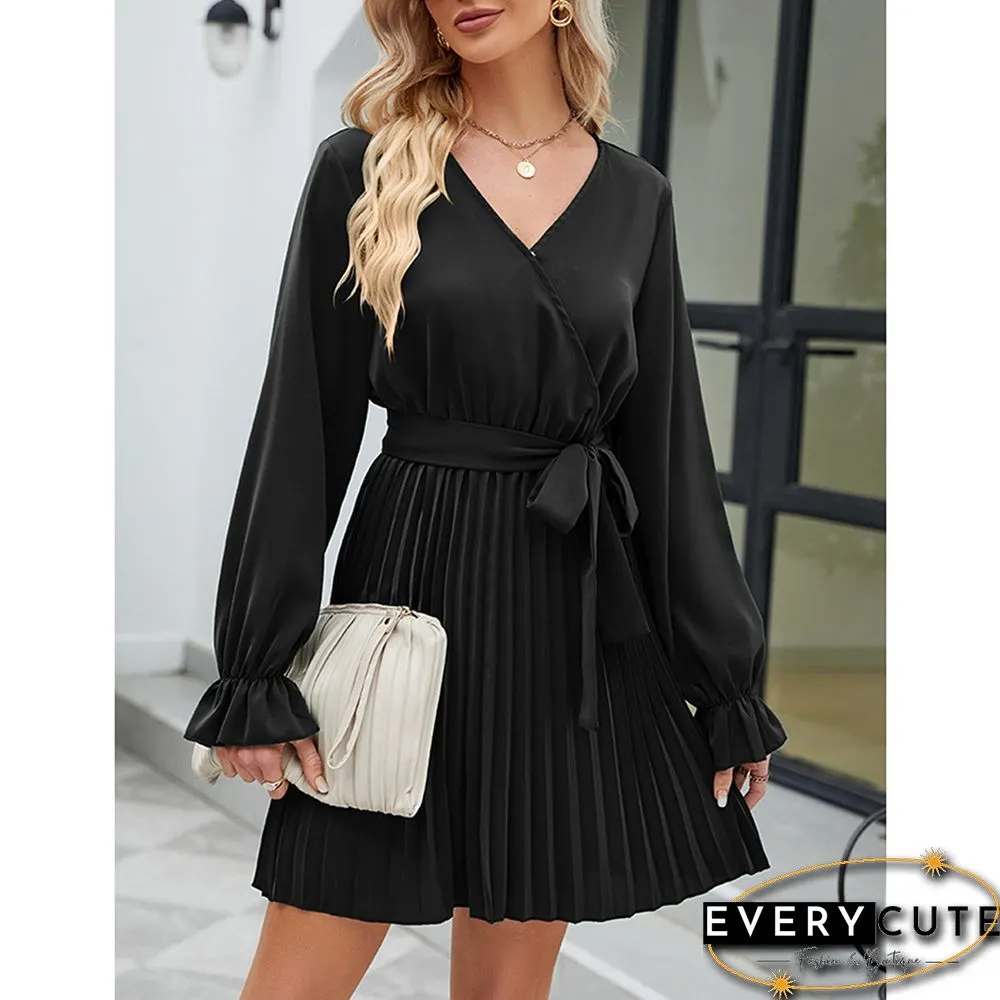 Black V Neck Long Sleeve Pleated Mini Dress with Belt