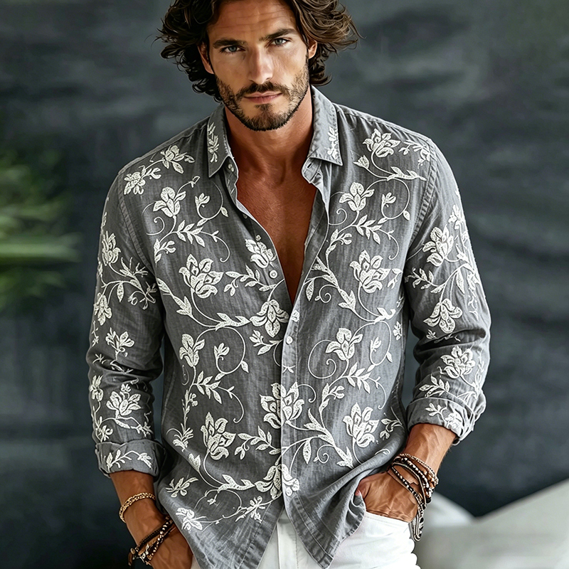 Comstylish Men's Vintage Spring Floral Embroidered Art Print Flowy Linen Blend Casual Shirt