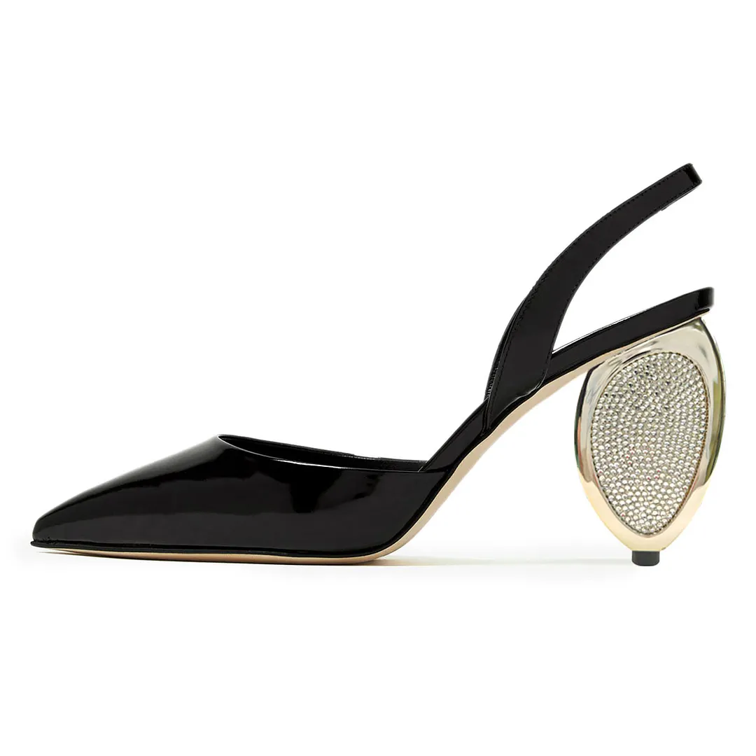 YDN Black Pointed Toe Rhinestone Sculptural Heel Slingback Pumps