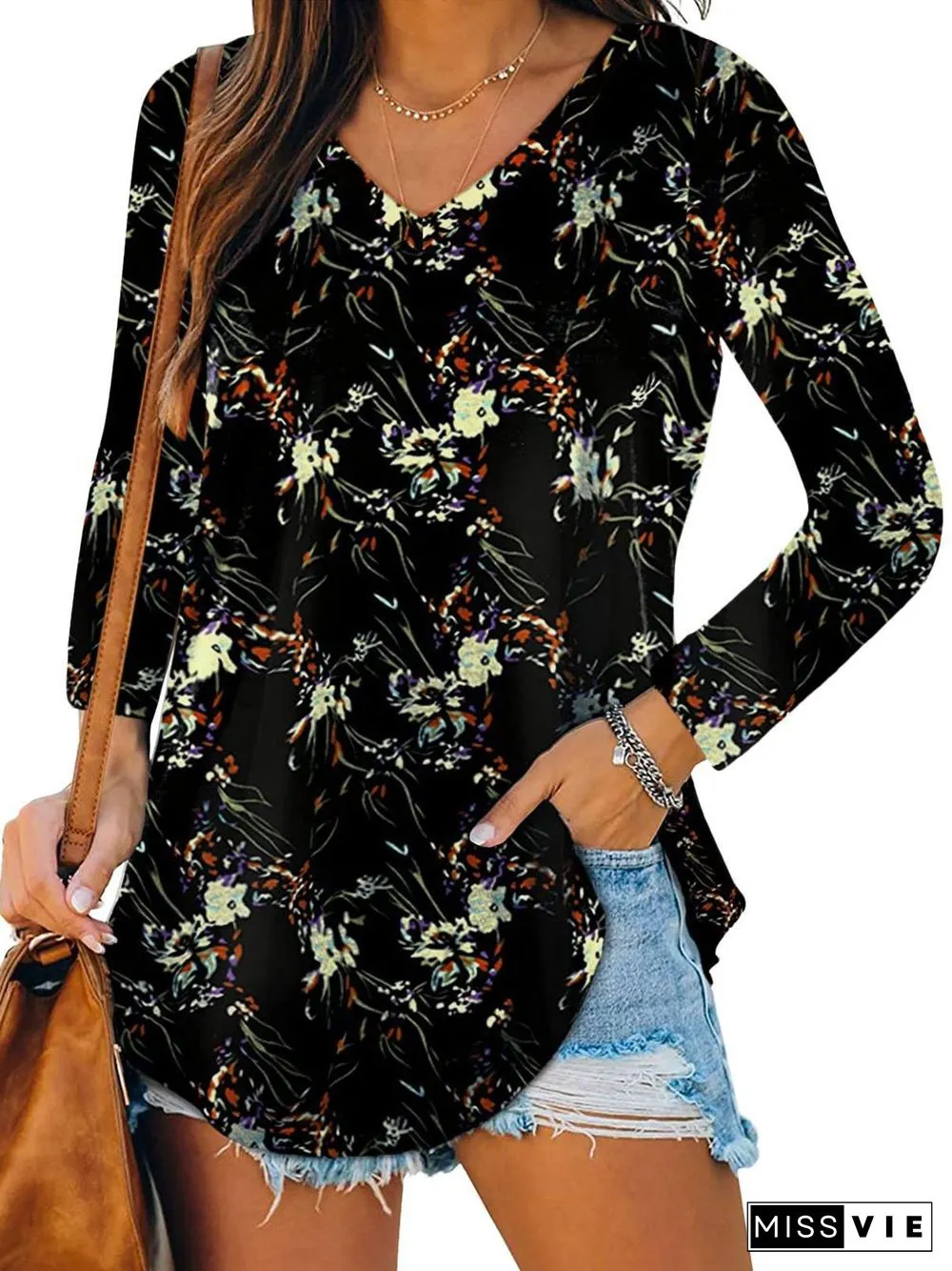 Women Long Sleeve V-neck Printed Top