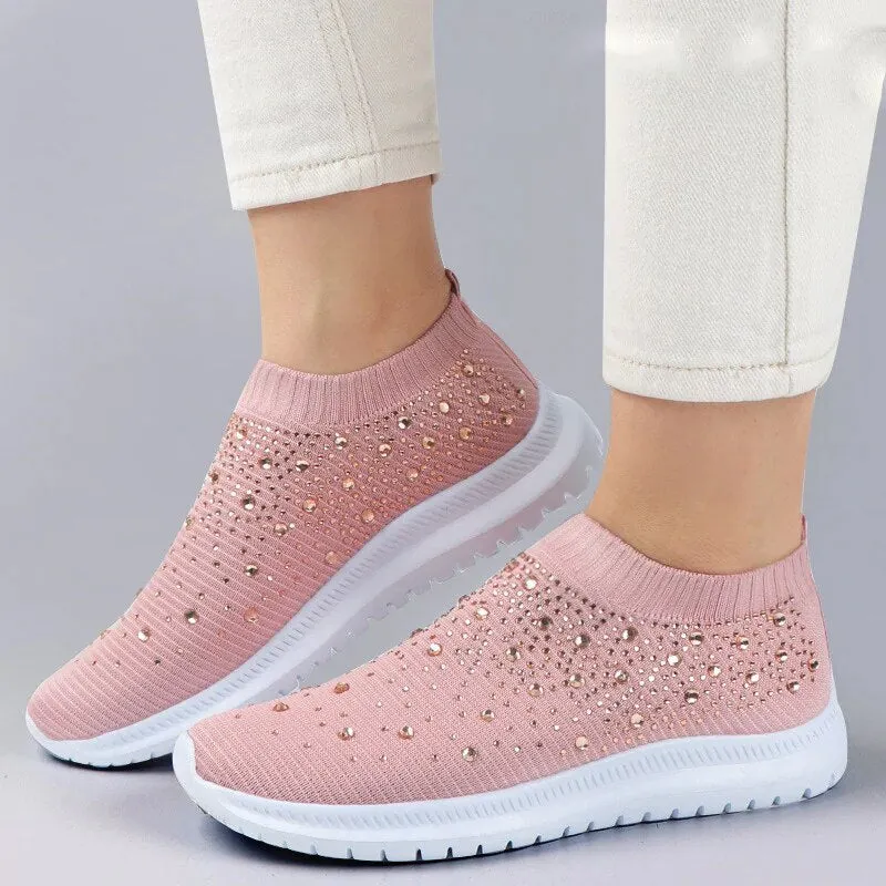 Shining Crystal Flats Shoes For Women Plus Size Breathable Mesh White Sneakers Woman 2022 Spring Summer Soft Sole Sports Shoes