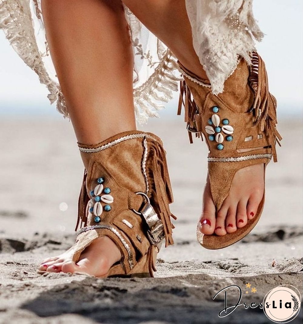 Retro Women Fringe Flower Wedges Shoes Solid Flock Beach Casual Sandals Women Summer Flip Flop Sandals