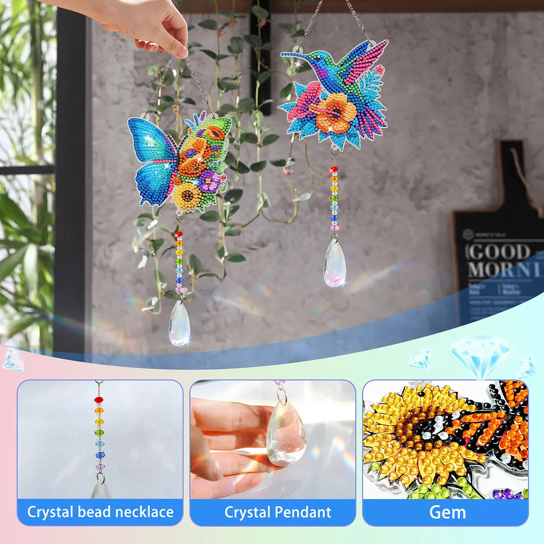 2Pcs Butterfly Hummingbird DIY Double-Sided Diamond Painting Hanging Kits Diamond Painting Suncatcher Craft Kit for Home Garden Wall Decor Gift