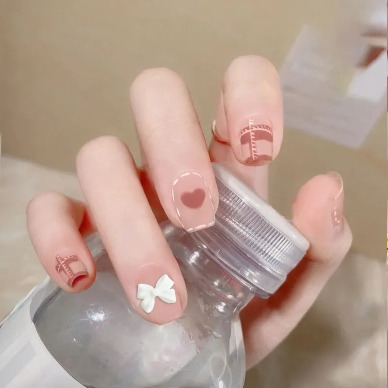 24Pcs false nails with designs cow and Blue Color cut design Fake Nail Shiny Gold Foil  artificial nails with glue for girls-Nail Inspo