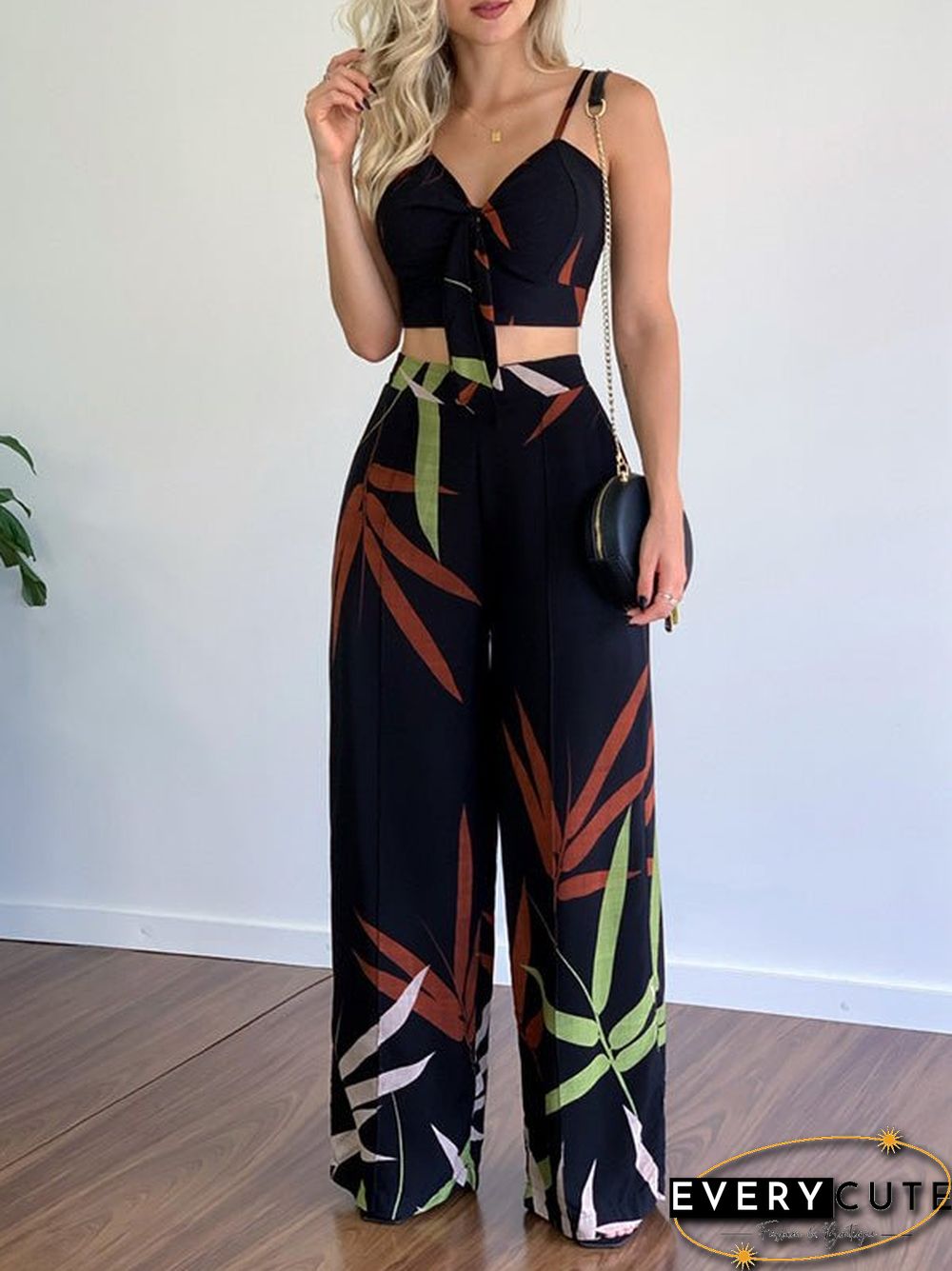 Women'S Sets V-Neck Cropped Tank Top & Printed Wide-Leg Pants Two-Piece Set