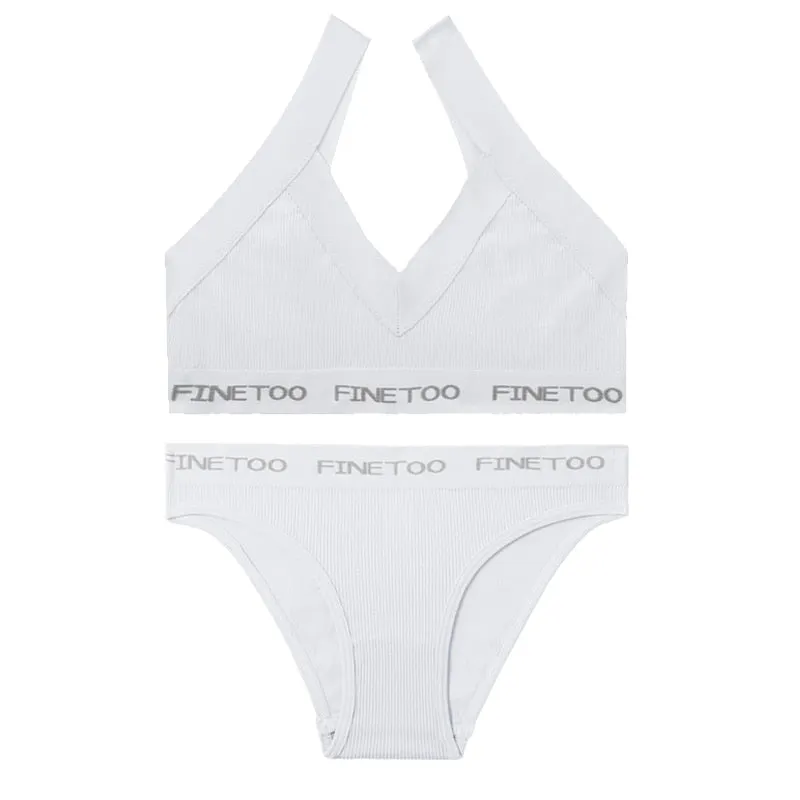 FINETOO Deep V Bra Set M-XL Women Seamless Underwear Girls Soft Tops and Letter Briefs Ladies Bras Set Comfortable Lingerie Set