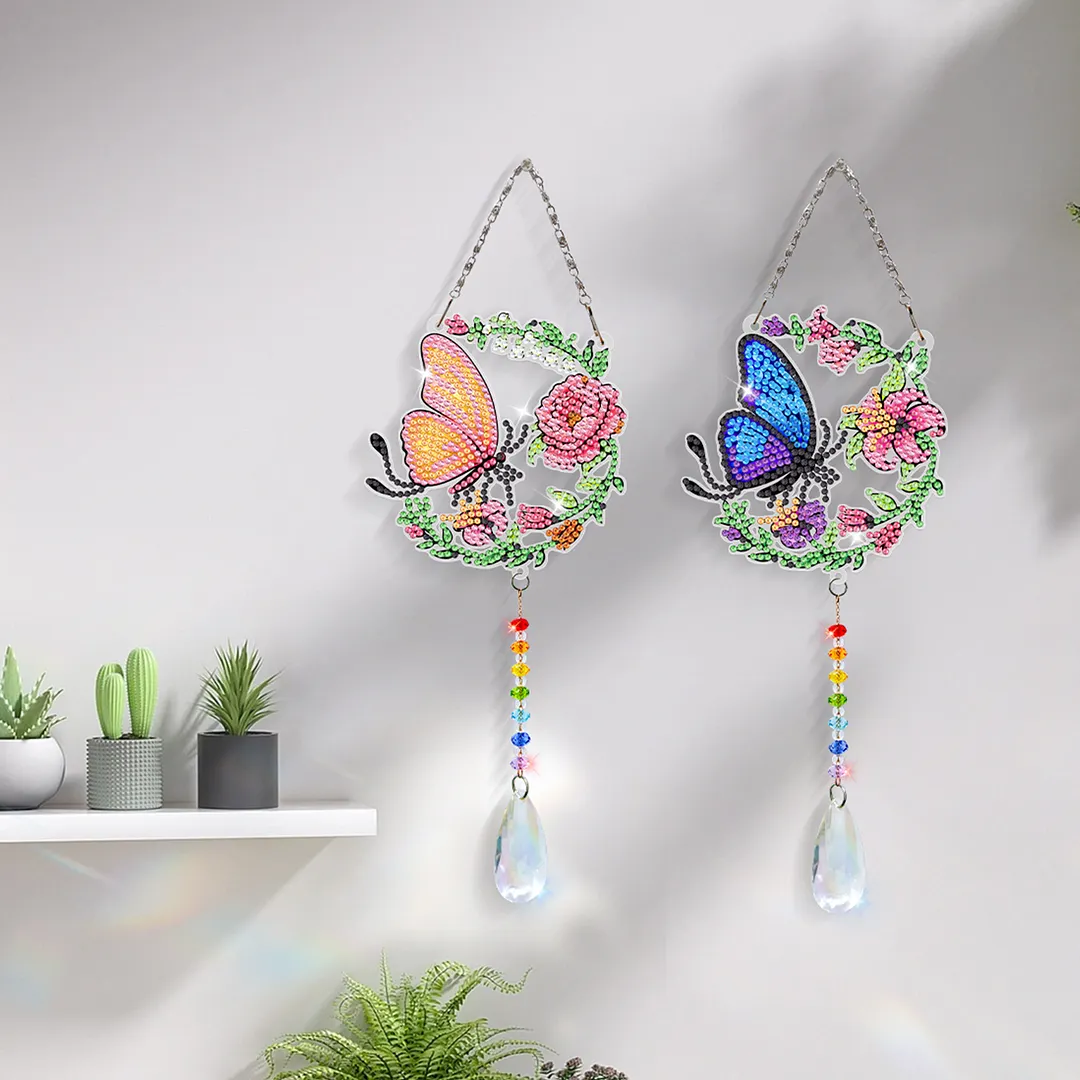 2Pcs Blue and Yellow Butterfly DIY Double-Sided Diamond Painting Hanging Kits Diamond Painting Suncatcher Craft Kit for Home Garden Wall Decor Gift