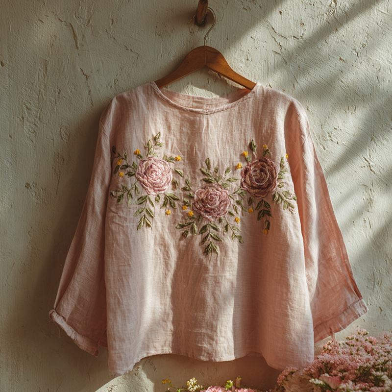Retro Rose Embroidery Pattern Linen Long Sleeve Tops elevenforest
