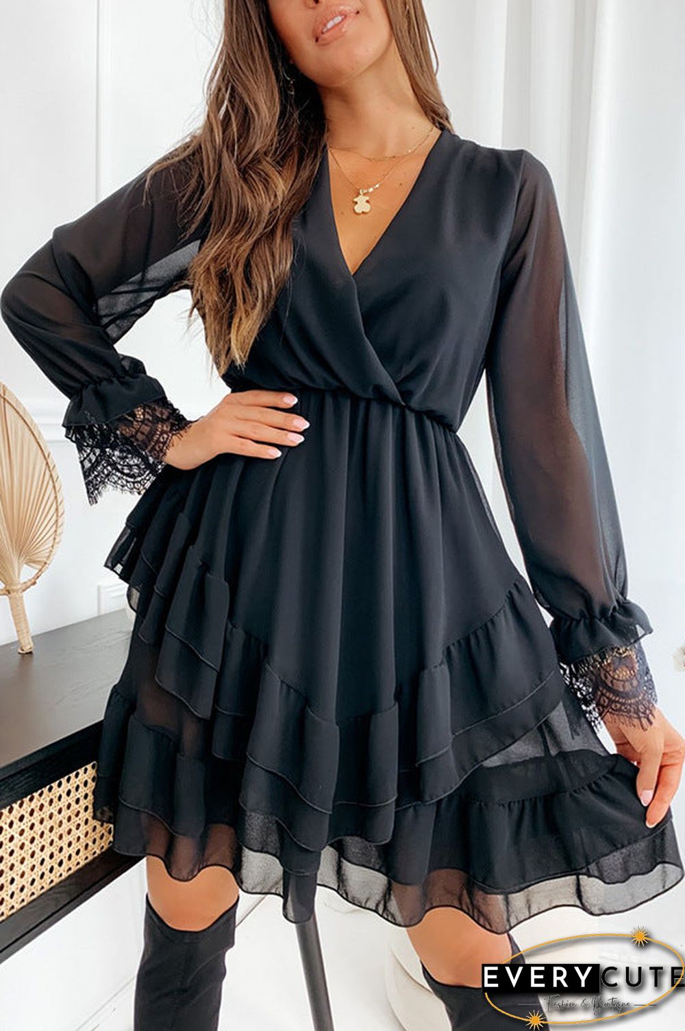 Cross V Neck Solid Color Mini Dress