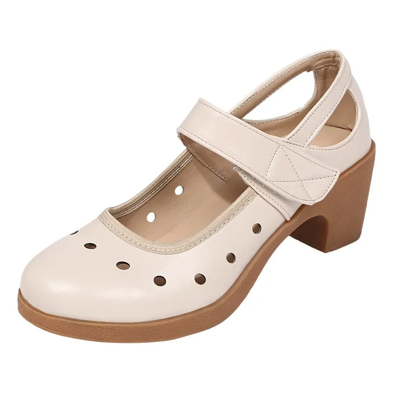 GKTINOO 2022 Cut Out Women Pumps Breathable Women Shoes Hook&Loop Thick High Heels Soft Mary Janes Dancing Shoes Leather