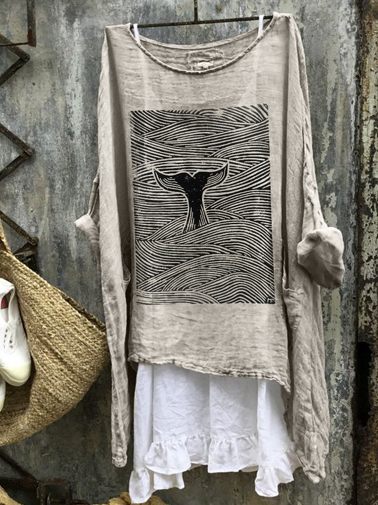 Whale Tail Sea Waves Japanese Lino Art Linen Blend Tunic