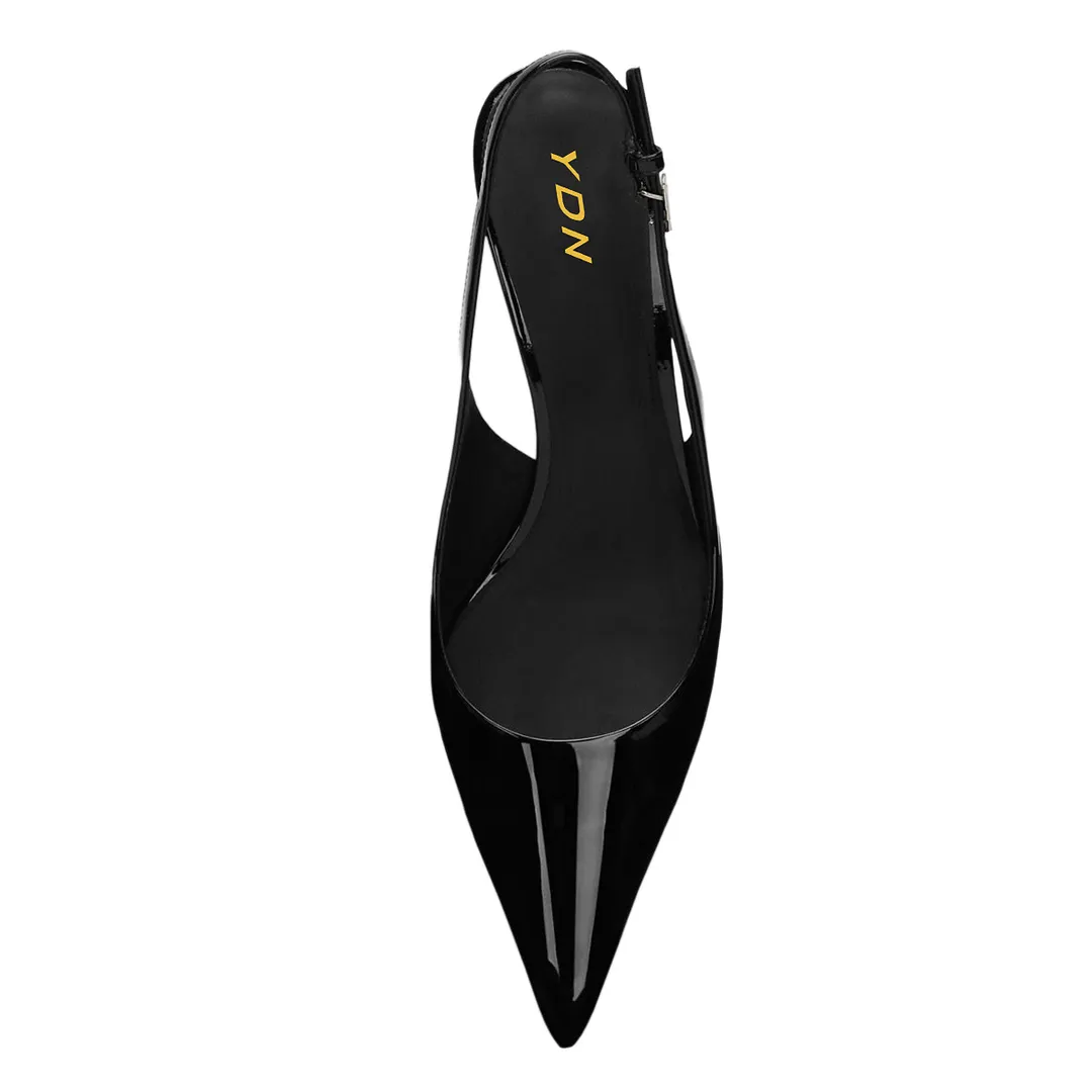 Black Patent Leather Rhinestone Slingback Heels with Pointed Toe