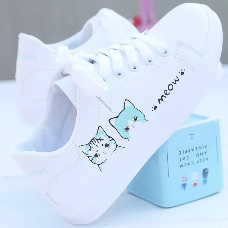 2020 New Arrival Fashion Lace-up Women Sneakers Women Casual Shoes Printed summer Women Pu Shoes Cute Cat Canvas Shoes