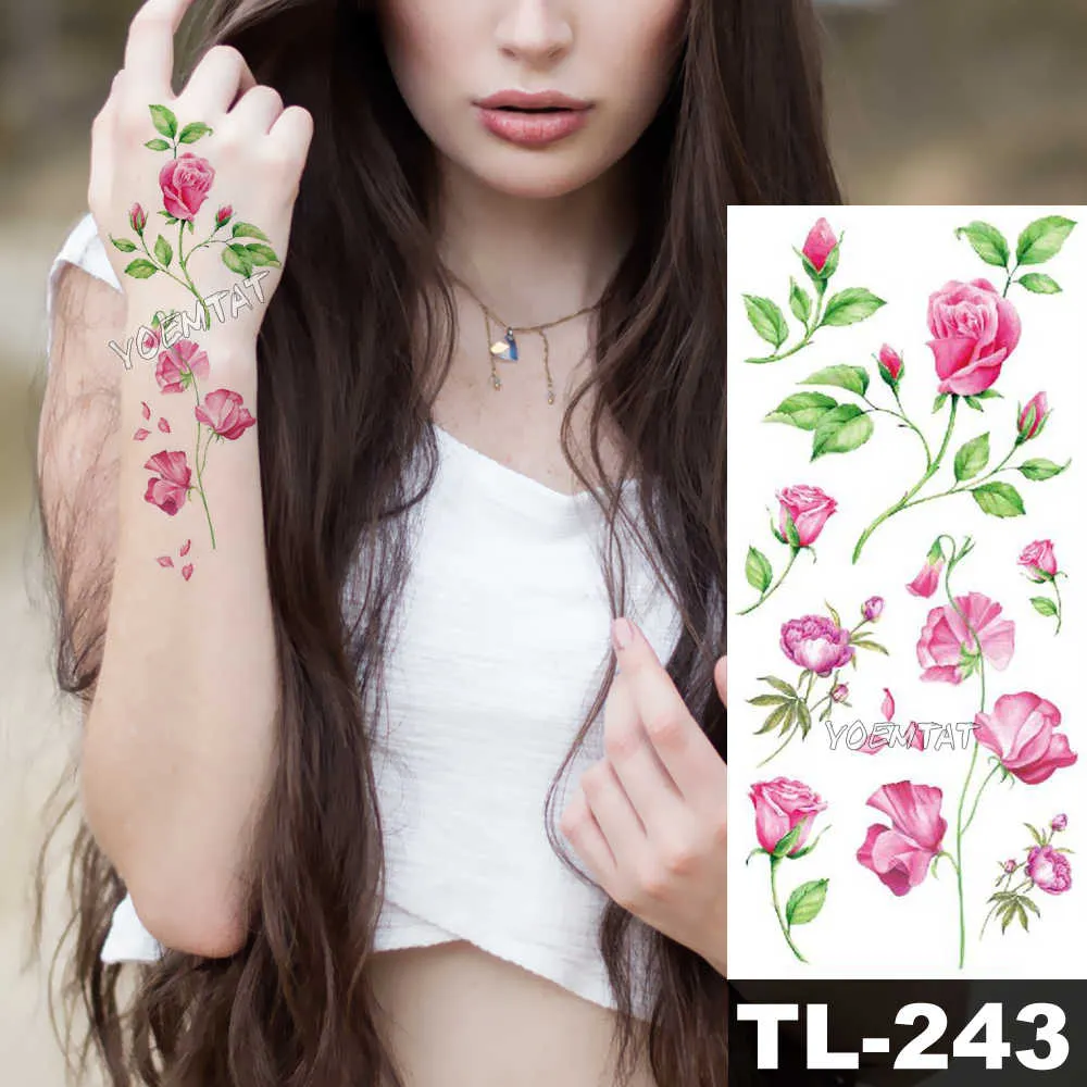 Sdrawing Watercolor Rose Lily Flower Waterproof Tattoo Stickers Women Body Chest Art Temporary Tatto Girl Waist 3D Flowers Tatoo