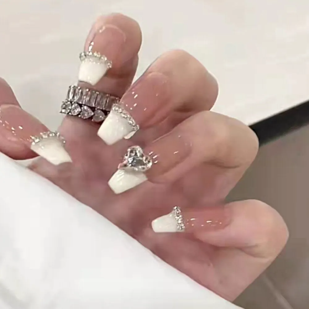 24PCS Press On Nails with Diamond Butterfly Design White Fake Nails Coffin Ballet False Nails Manicure Salon DIY  Full Finished-Nail Inspo