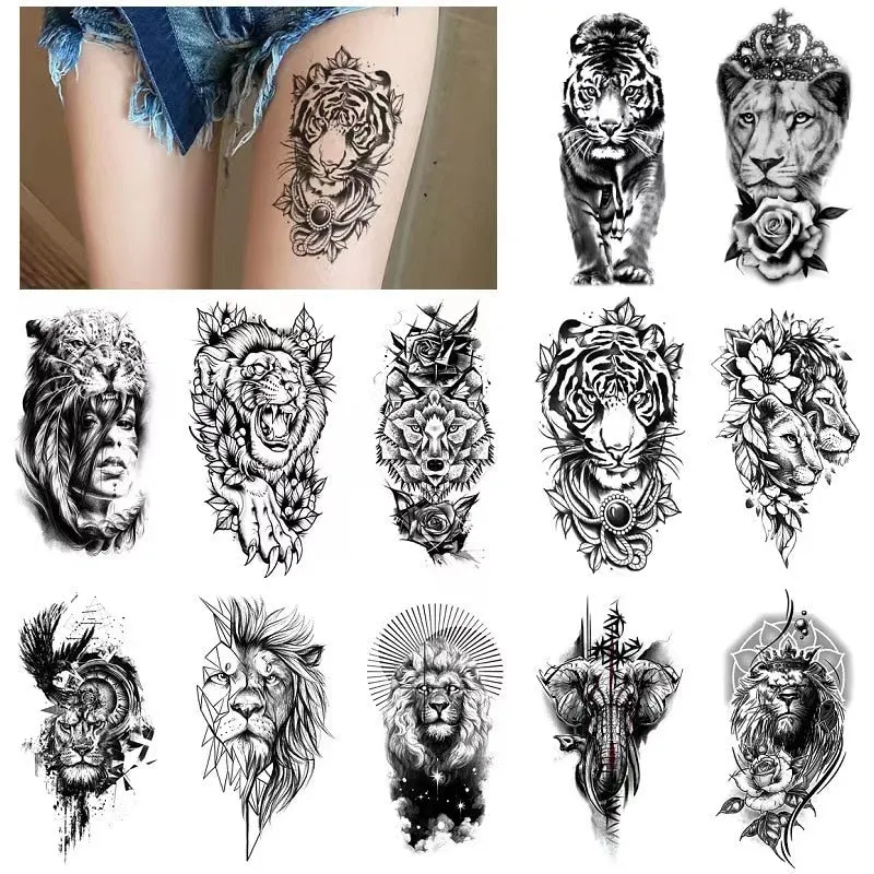 12sheets Lion Tiger Waterproof Tattoo Stickers Men Women Half Arm Calf Water Transfer Fake Tattoo Animal Pattem Temporary Tattoo