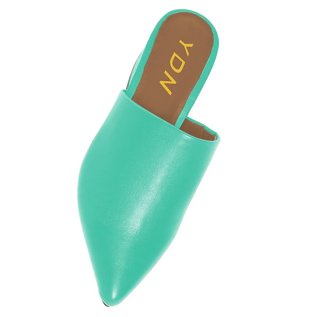 Turquoise Pointed Toe Low Chunky Heel Comfy Mule Shoes for Women
