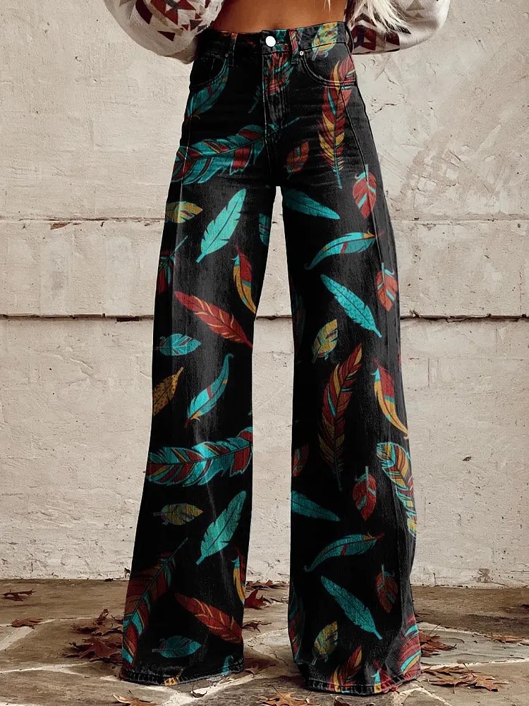 Women's Color Feather Black Bottom Print Casual Wide Leg Pants