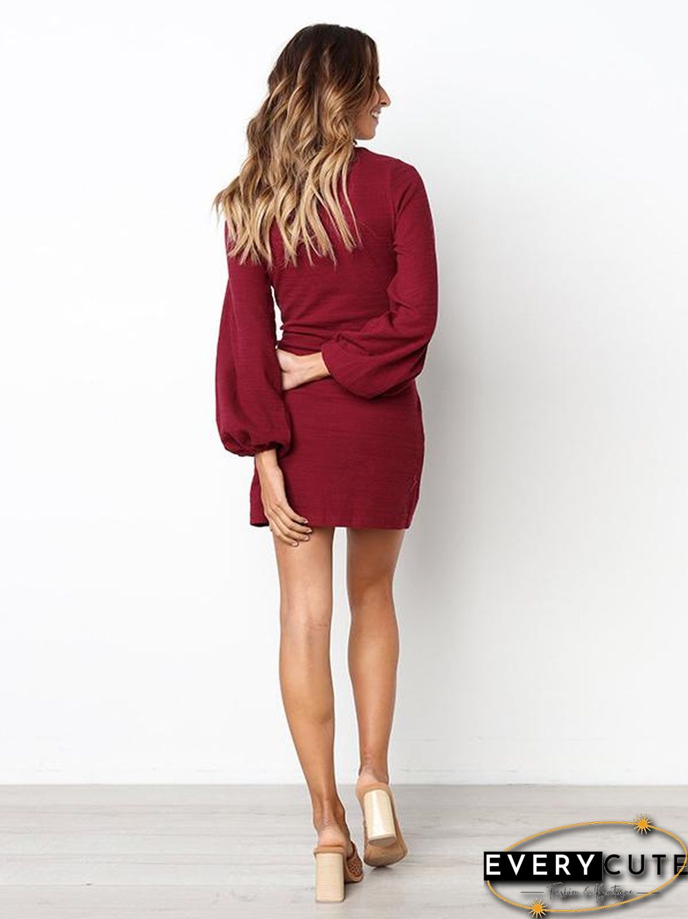 Long Sleeves Round Neck Waist Wrap Mini Dress