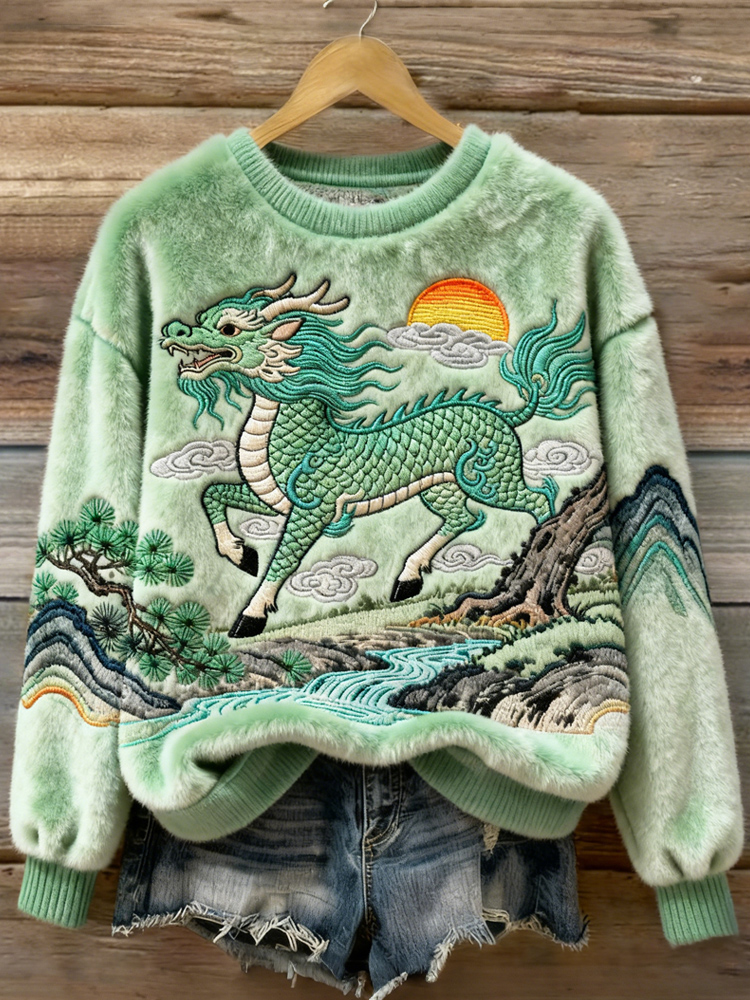 Japanese-style Kirin Embroidery Design Women's Flannel Sweater