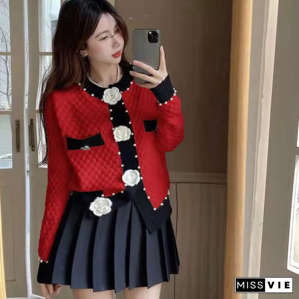 Pearl Decor 3D Blossom Button Cardigan Sweater