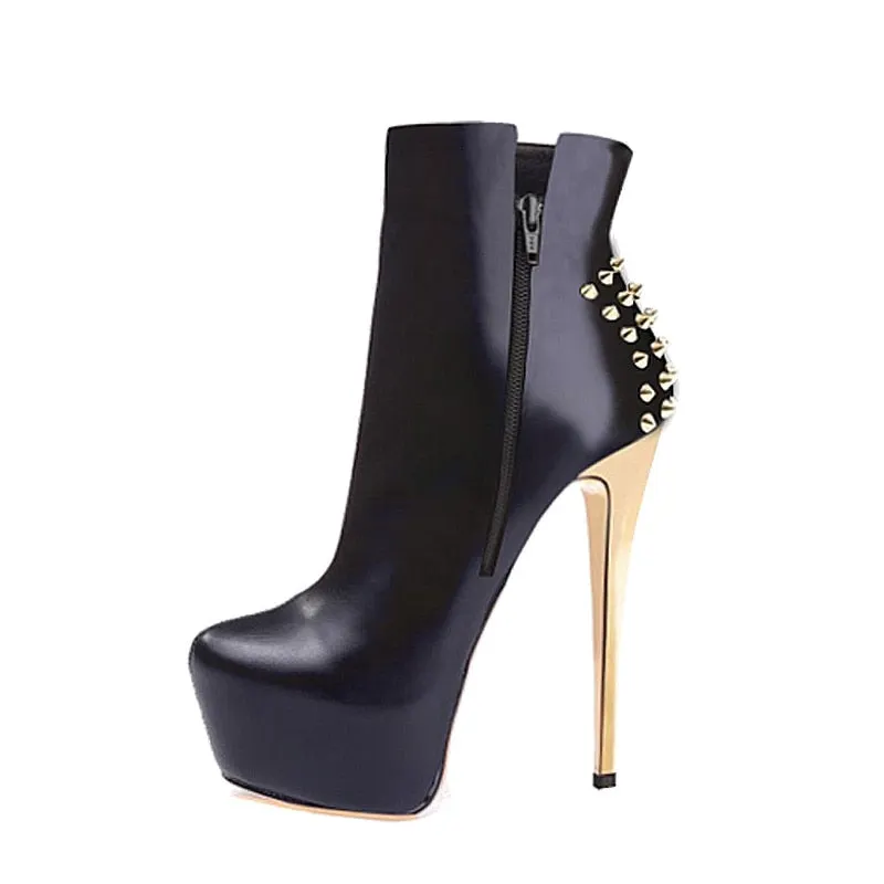 Onlymaker Women's Ankle ivet Boots Shoes 16cm High Thin Heel 4cm Platform Fashion Heels Metal Plates Buckle Boots Size US15