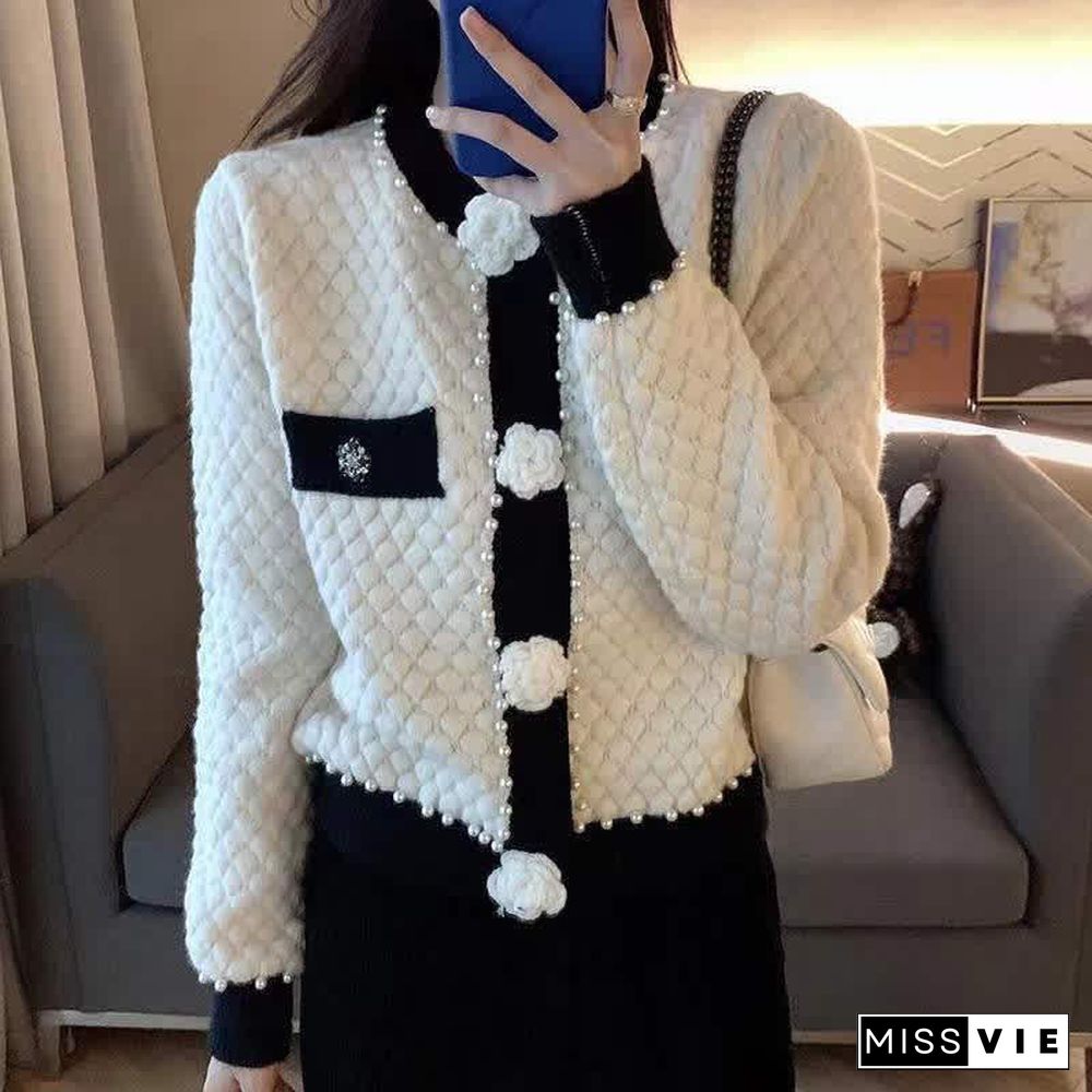 Pearl Decor 3D Blossom Button Cardigan Sweater