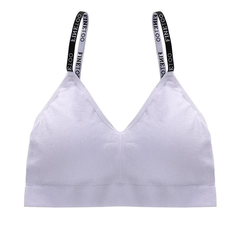 FINETOO Deep V Women Tops Fashion Letter Strap Bralette Girls Padded Bras M-2XL Plus Size Female Crop Top Ladies Sexy Lingerie