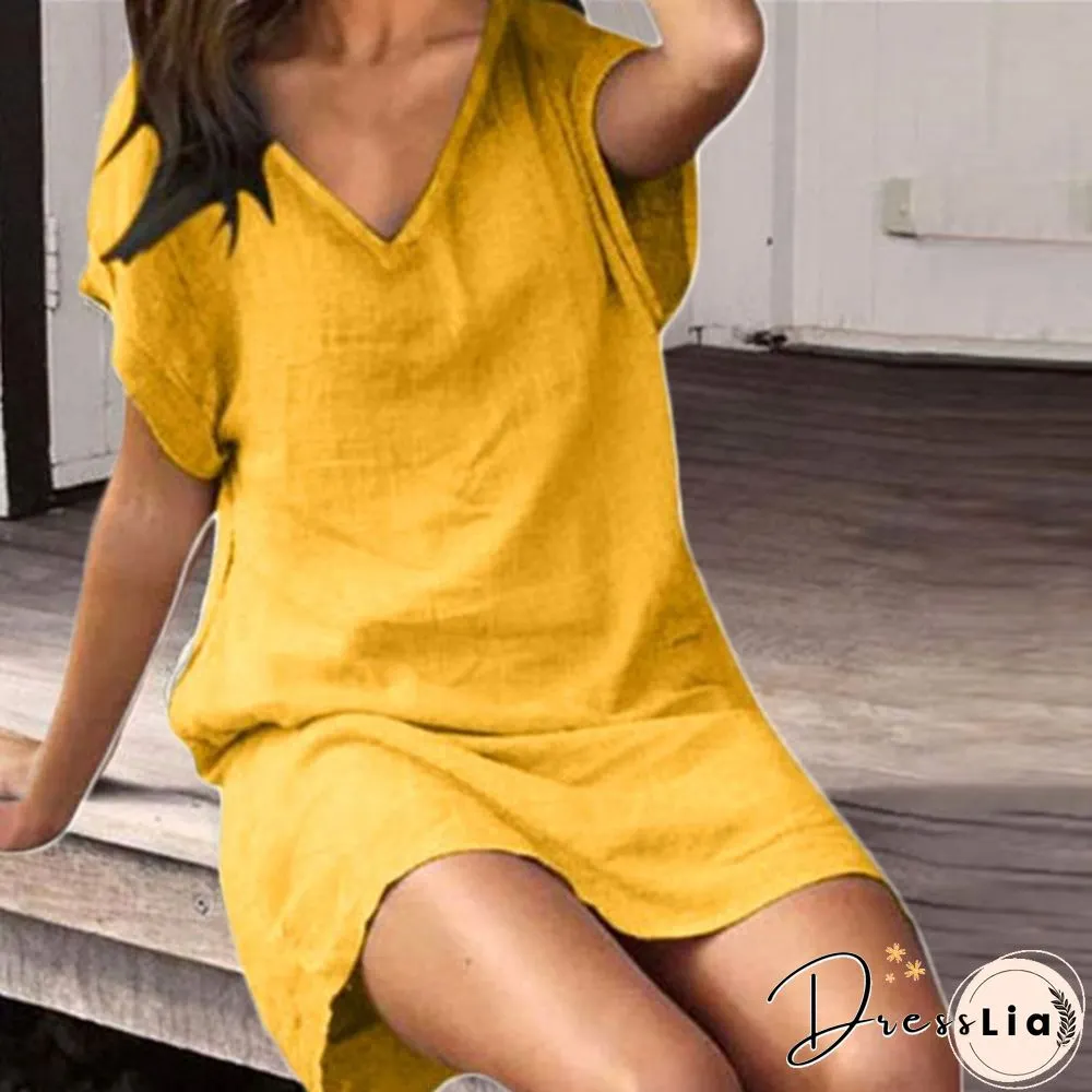 Xs-8Xl Summer Dresses Plus Size Fashion Women's Casual Short Sleeve T-Shirt Dress Ladies Solid Color V-Neck Mini Dress Beach Wear Party Dress