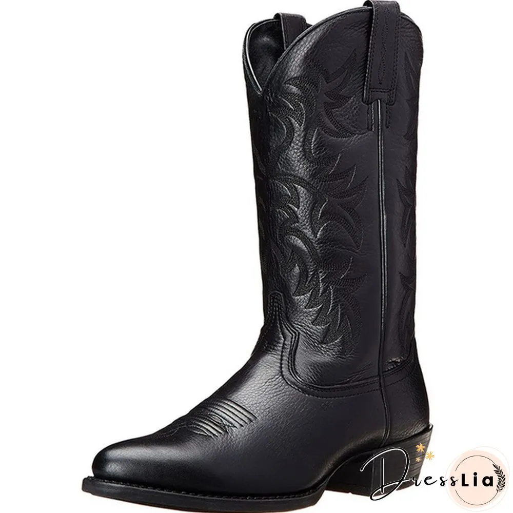 Mens Vintage Leather Mid Calf Boots Pointed Toe Western Cowboy Boots Man Retro Knee High Talll Boots Riding Boots Big Size 38-48 Botas